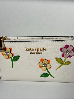 Kate Spade flowers and showers applique small slim bifold wallet cream multi